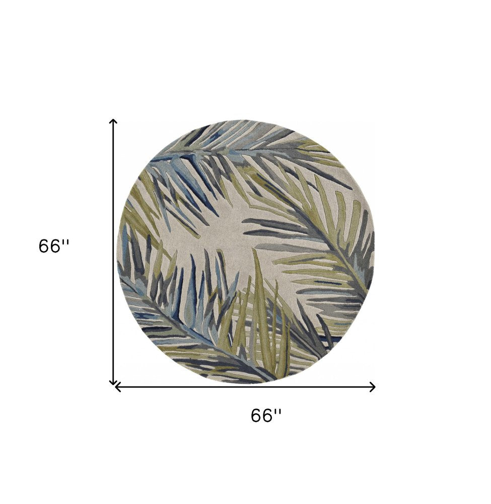 8' X 10' Ivory Blue And Green Wool Tropical Botanical Hand Tufted Area Rug