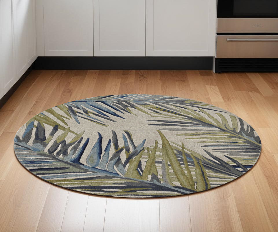 10' Ivory Blue Hand Tufted Tropical Palms Indoor Runner Rug