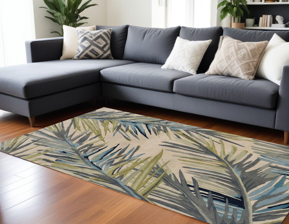 10' Ivory Blue Hand Tufted Tropical Palms Indoor Runner Rug