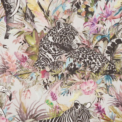 Pastel tropical fabric print featuring leopard and zebra amid colorful leaves and blossoms.