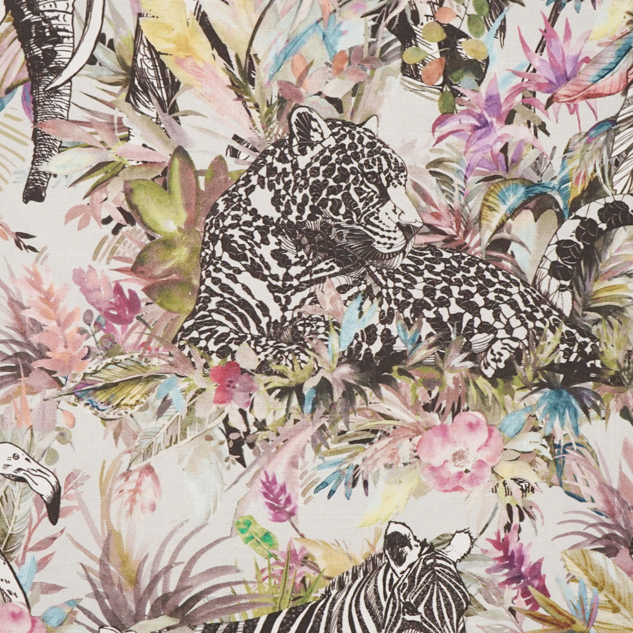 Fabric print featuring leopards and zebras among colorful tropical foliage on a cream background.