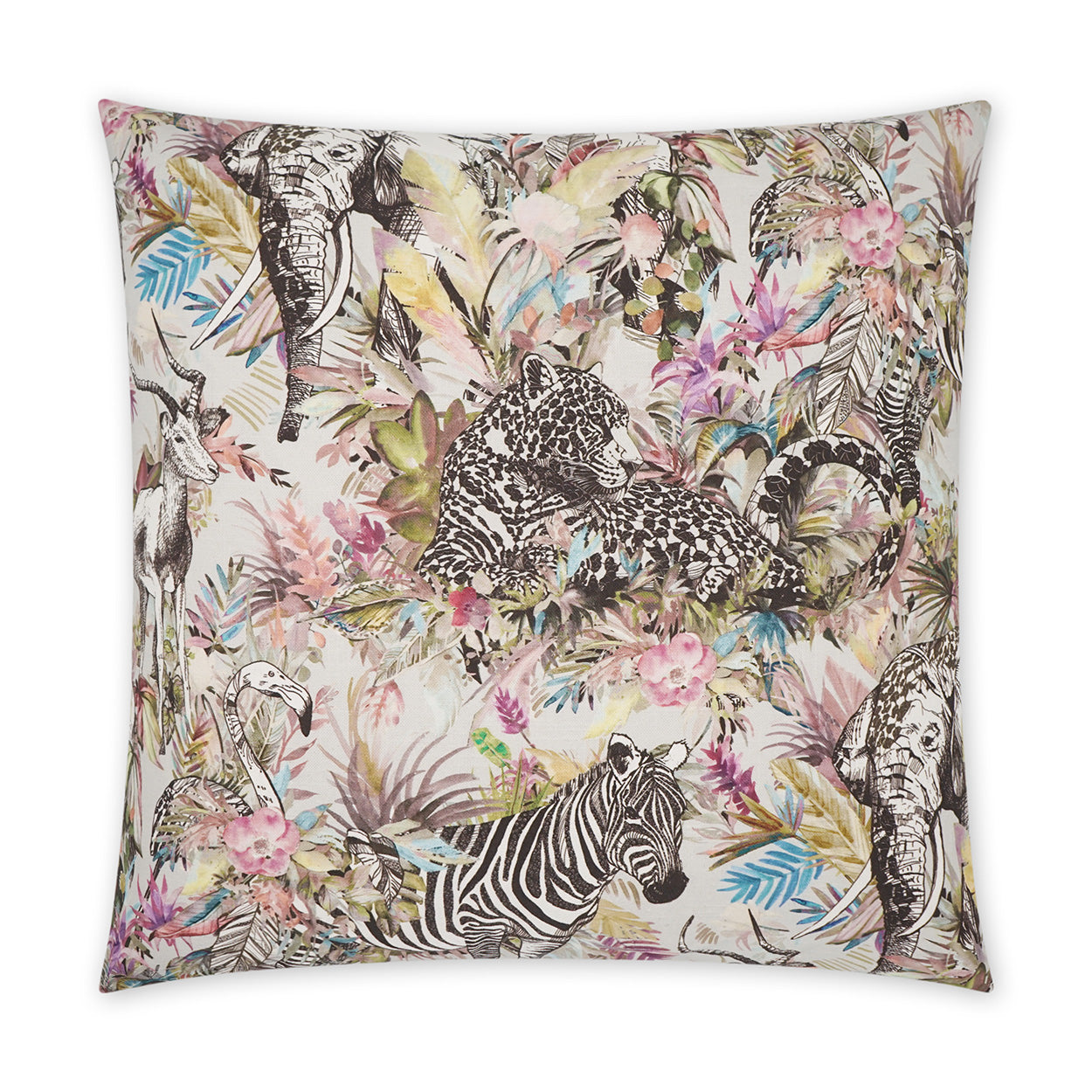 Soft fabric square throw pillow with pastel jungle print: zebras, leopard and elephants among colorful leaves and flowers.