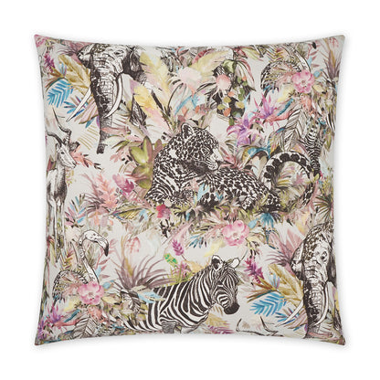 Soft fabric square throw pillow with pastel jungle print: zebras, leopard and elephants among colorful leaves and flowers.