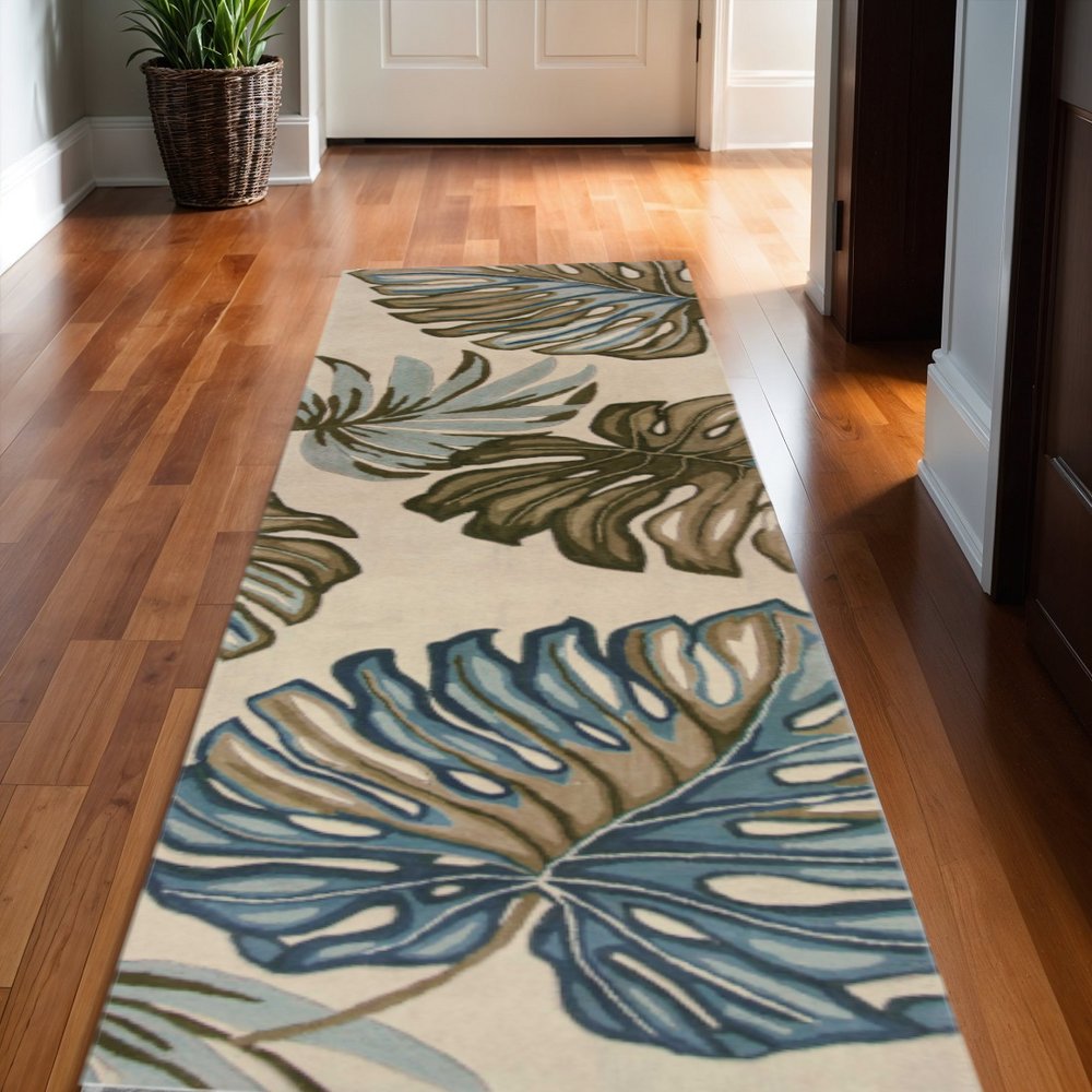 9' X 12' Brown Blue And Green Wool Tropical Botanical Hand Tufted Area Rug