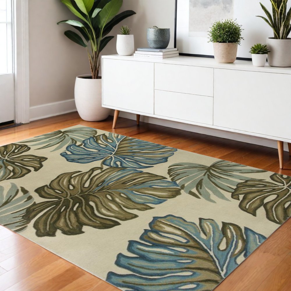 9' X 12' Brown Blue And Green Wool Tropical Botanical Hand Tufted Area Rug