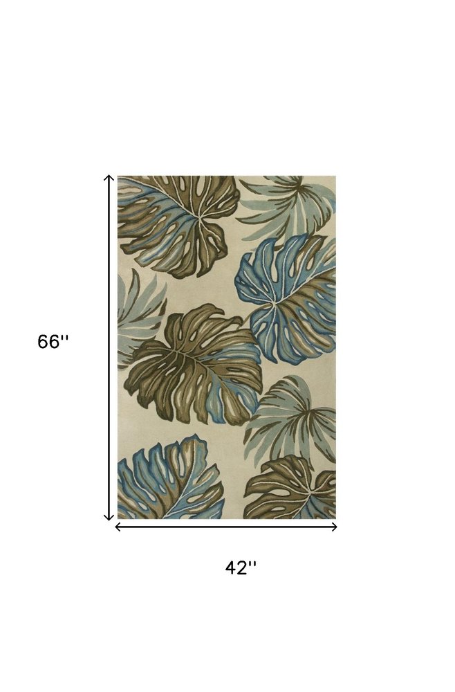 9' X 12' Brown Blue And Green Wool Tropical Botanical Hand Tufted Area Rug