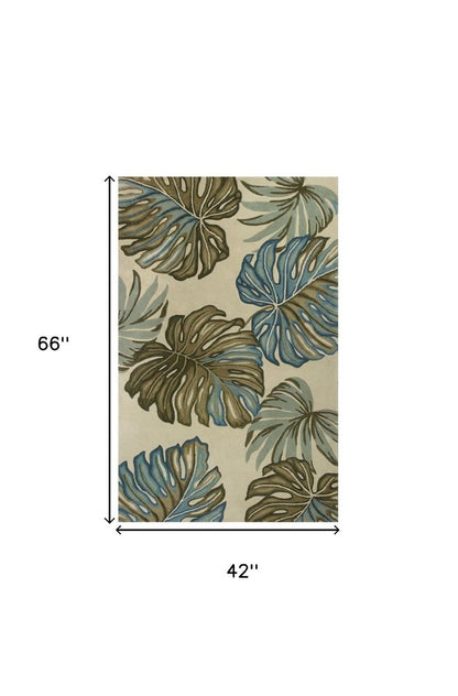 9' X 12' Brown Blue And Green Wool Tropical Botanical Hand Tufted Area Rug