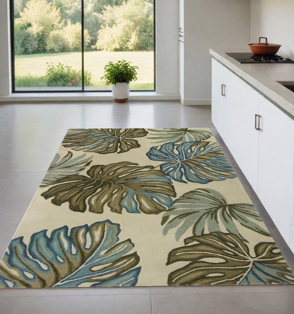 9' X 12' Brown Blue And Green Wool Tropical Botanical Hand Tufted Area Rug