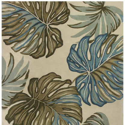 9' X 12' Brown Blue And Green Wool Tropical Botanical Hand Tufted Area Rug