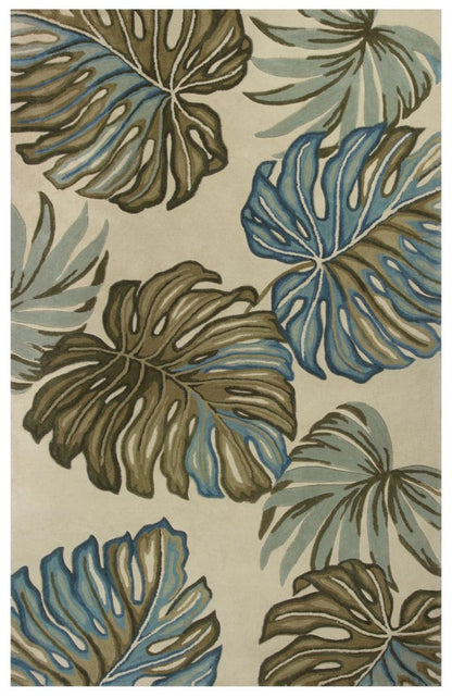 9' X 12' Brown Blue And Green Wool Tropical Botanical Hand Tufted Area Rug