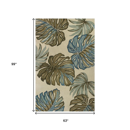 9' X 12' Brown Blue And Green Wool Tropical Botanical Hand Tufted Area Rug
