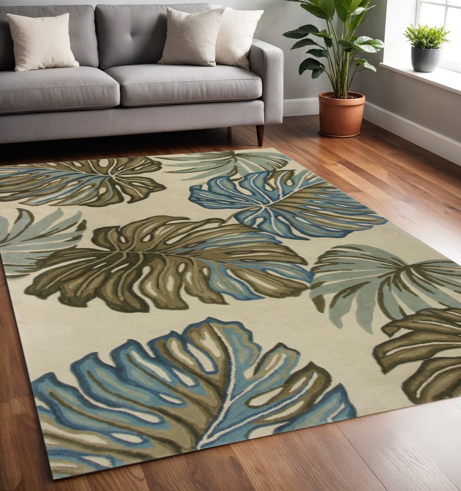 9' X 12' Brown Blue And Green Wool Tropical Botanical Hand Tufted Area Rug