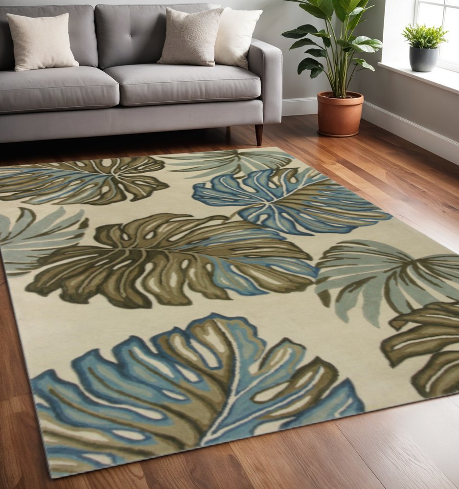 9' X 12' Brown Blue And Green Wool Tropical Botanical Hand Tufted Area Rug