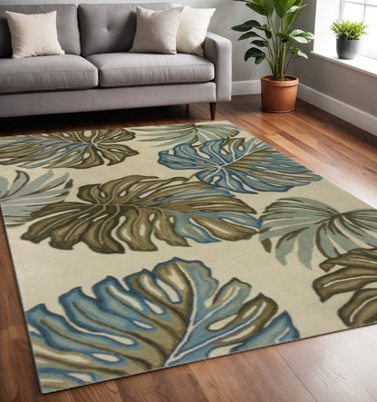 9' X 12' Brown Blue And Green Wool Tropical Botanical Hand Tufted Area Rug