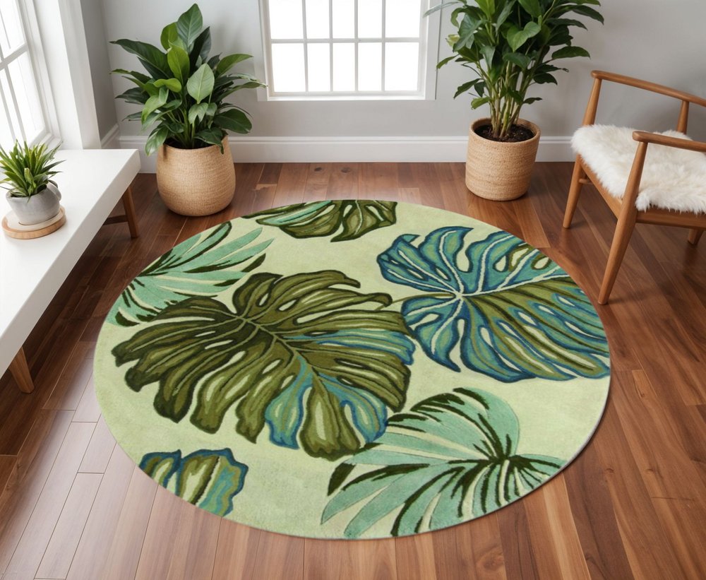 9' X 12' Brown Blue And Green Wool Tropical Botanical Hand Tufted Area Rug