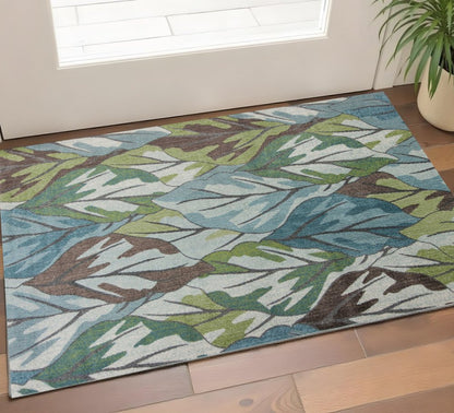 5' X 8' Ivory Blue And Green Botanical Leaves Area Rug
