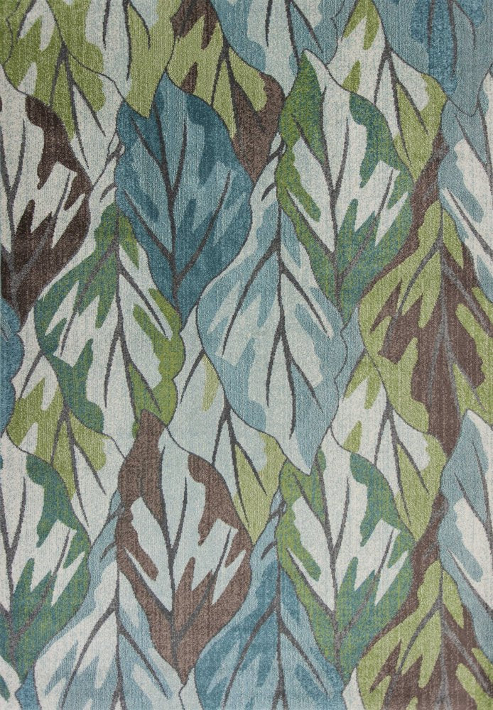 5' X 8' Ivory Blue And Green Botanical Leaves Area Rug
