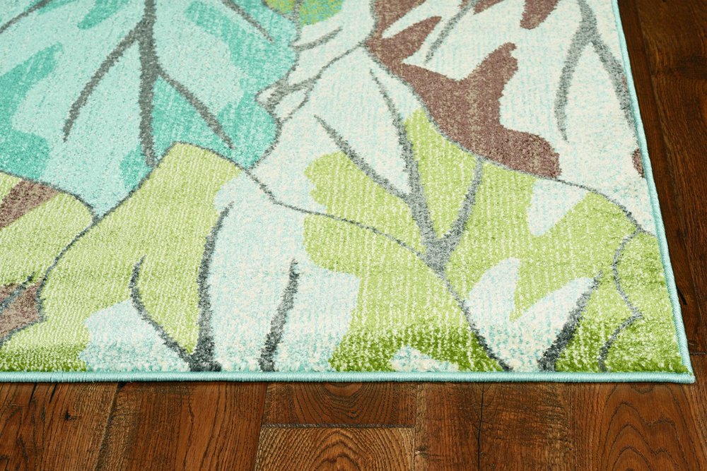 5' X 8' Ivory Blue And Green Botanical Leaves Area Rug