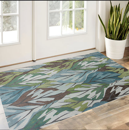5' X 8' Ivory Blue And Green Botanical Leaves Area Rug