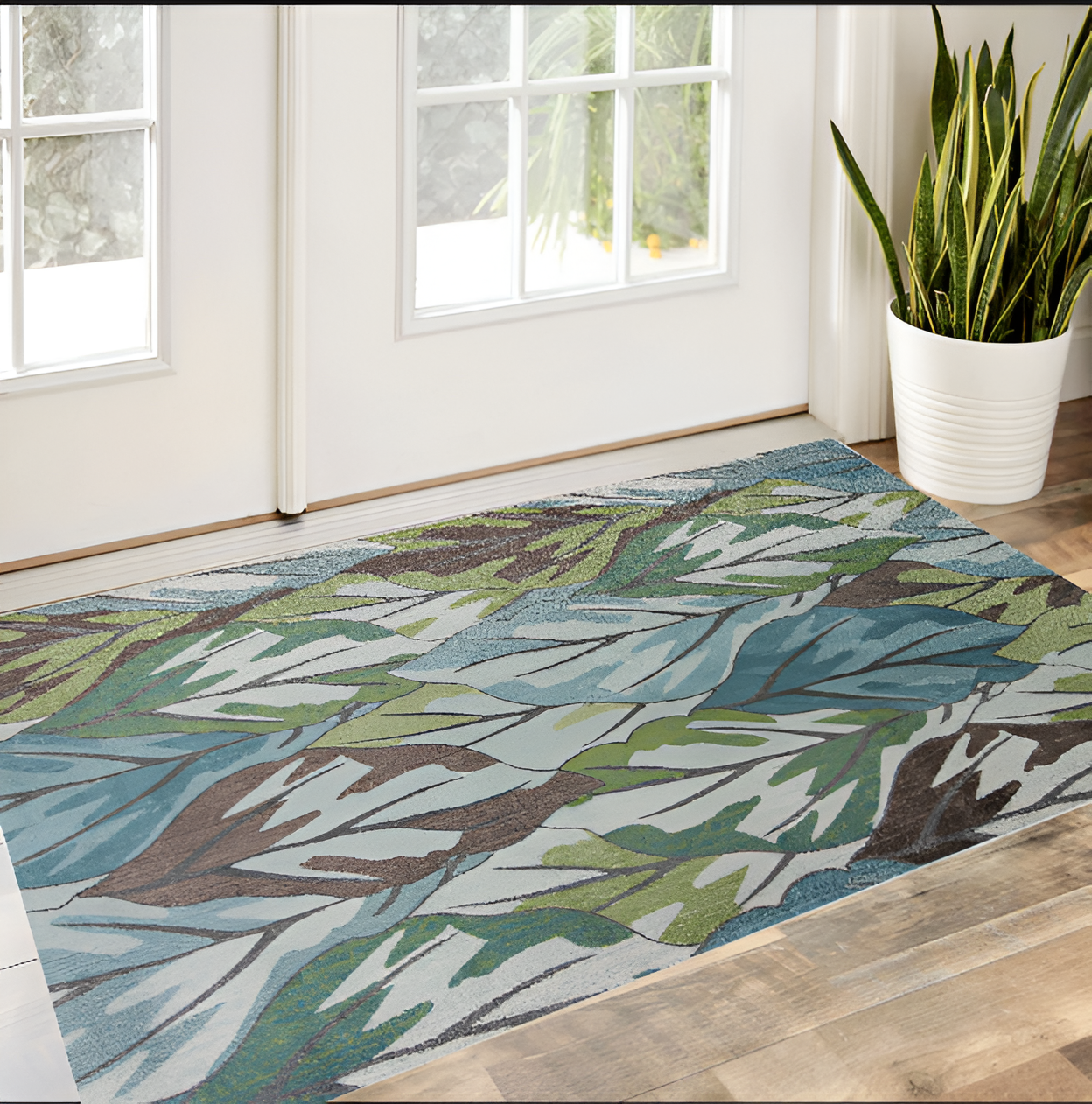 5' X 8' Blue Tropical Leaves Indoor Area Rug