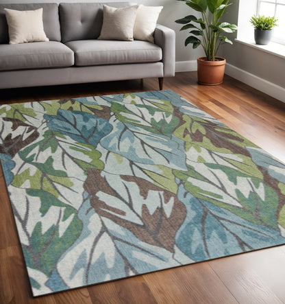 5' X 8' Ivory Blue And Green Botanical Leaves Area Rug