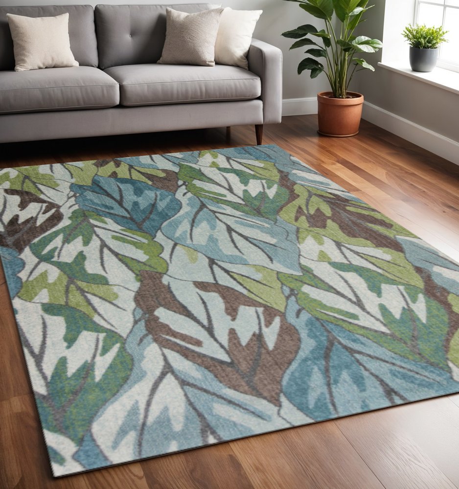 5' X 8' Ivory Blue And Green Botanical Leaves Area Rug