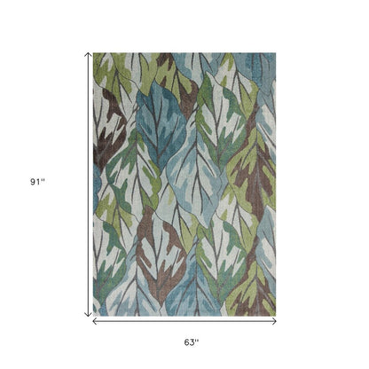 5' X 8' Ivory Blue And Green Botanical Leaves Area Rug