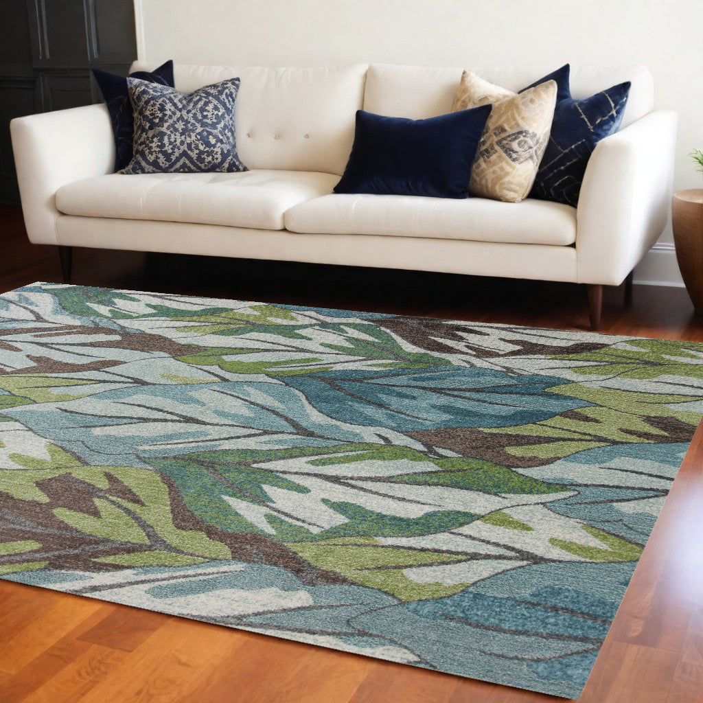 5' X 8' Blue Tropical Leaves Indoor Area Rug