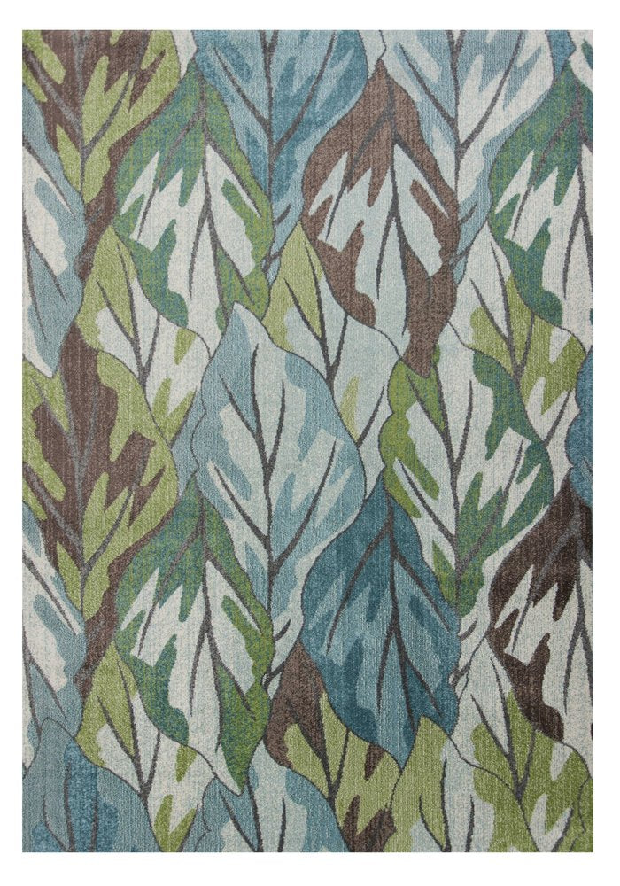 5' X 8' Ivory Blue And Green Botanical Leaves Area Rug