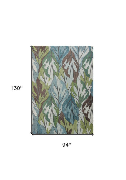 5' X 8' Ivory Blue And Green Botanical Leaves Area Rug