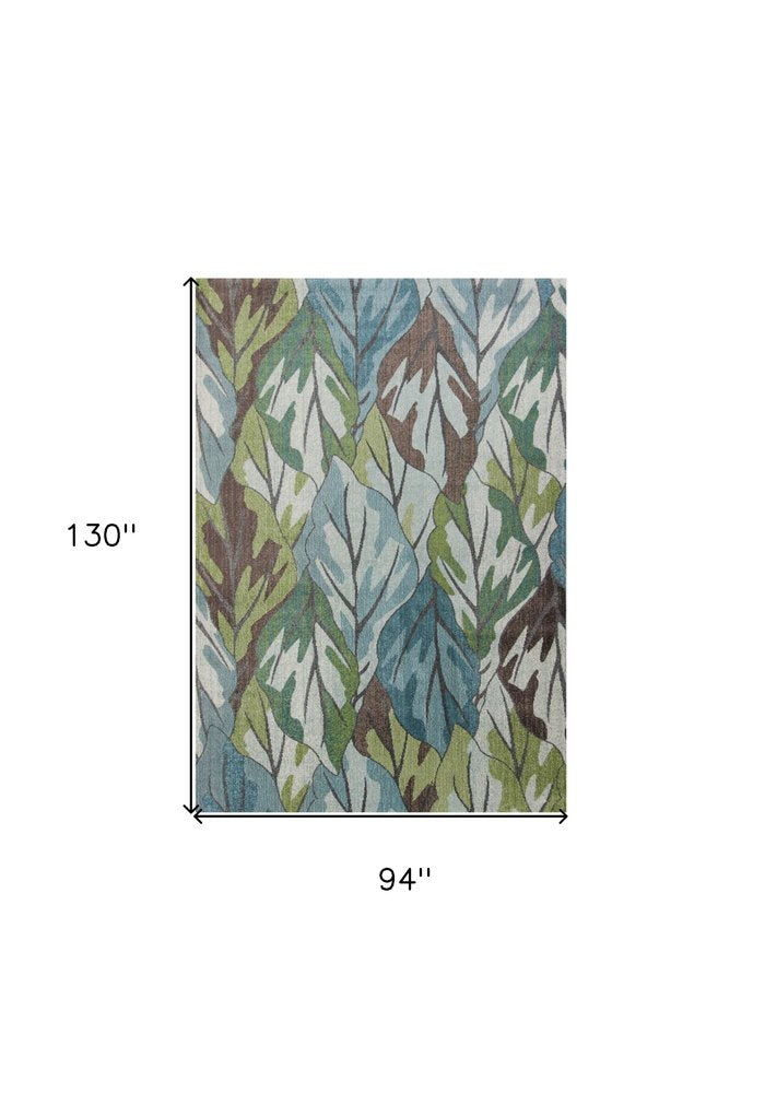5' X 8' Ivory Blue And Green Botanical Leaves Area Rug