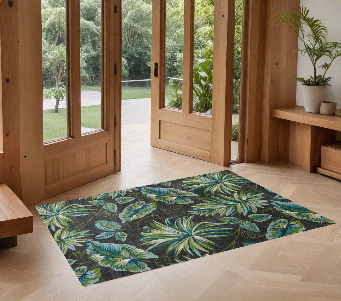 10' X 13' Grey Machine Woven Tropical Leaves Indoor Area Rug