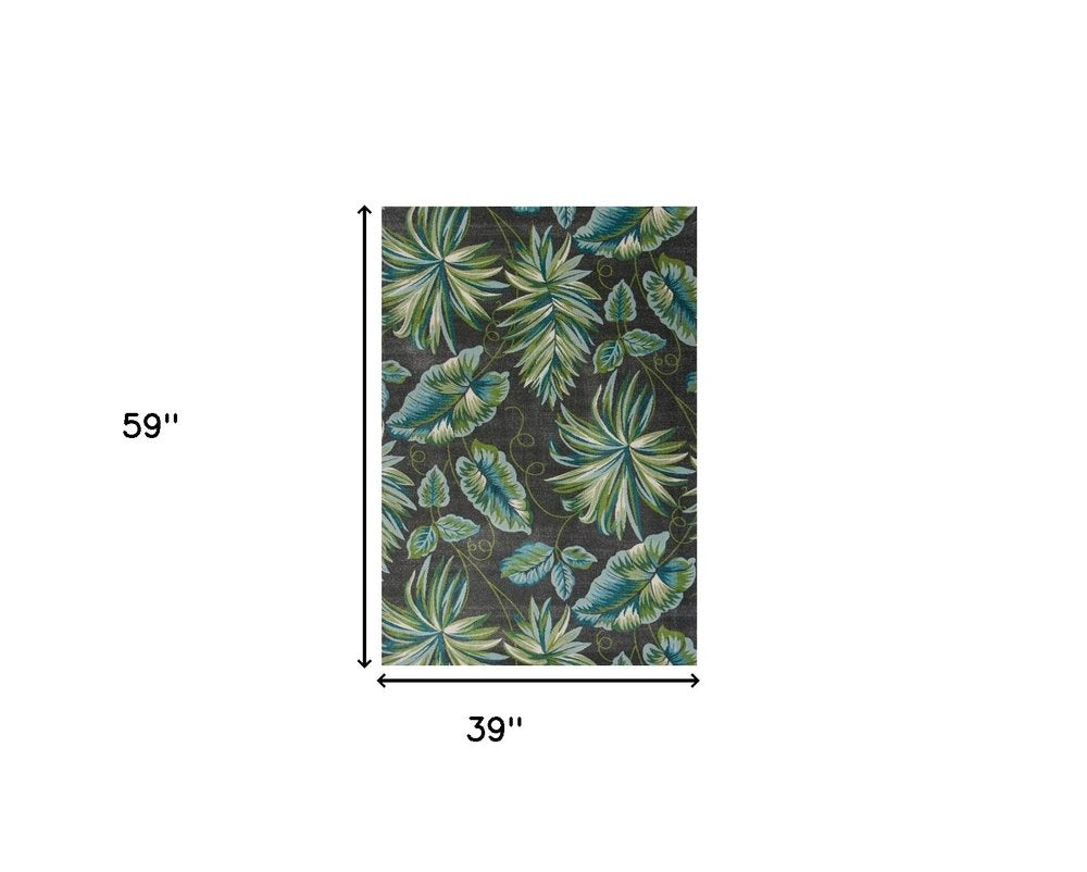 5' X 8' Gray Teal And Green Botanical Leaves Area Rug
