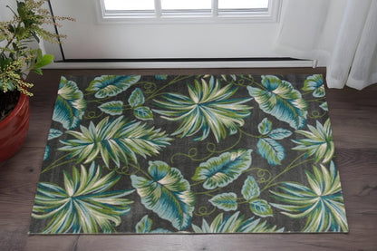 5' X 8' Gray Teal And Green Botanical Leaves Area Rug