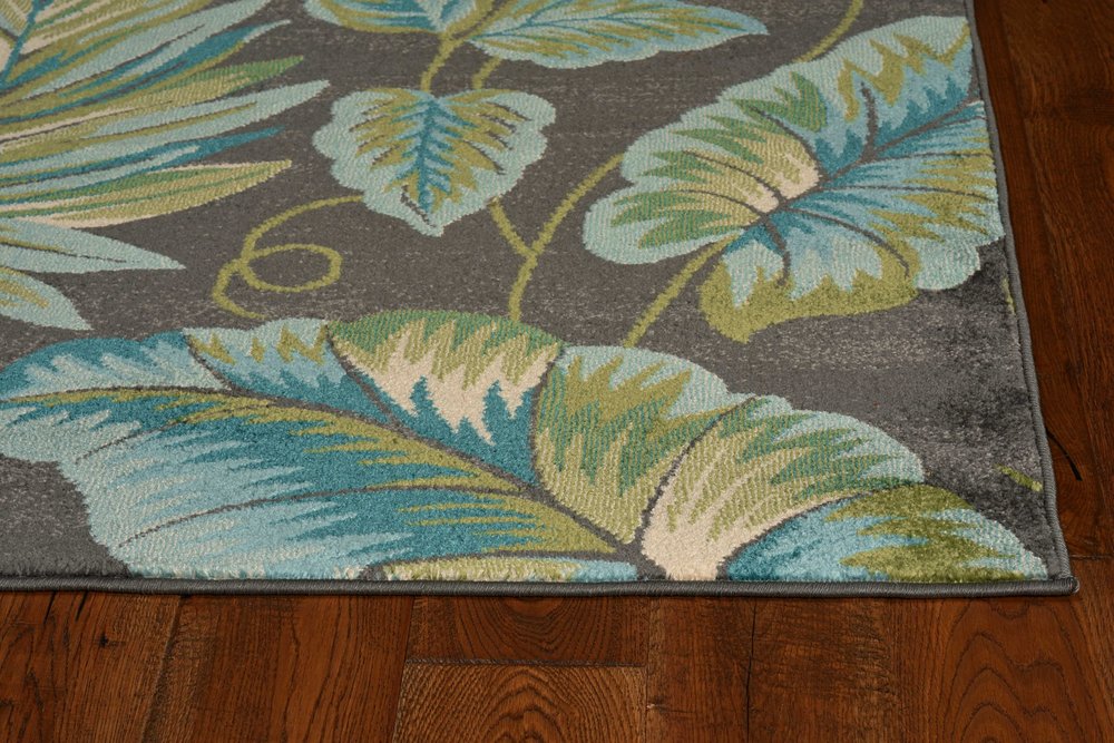 5' X 8' Gray Teal And Green Botanical Leaves Area Rug