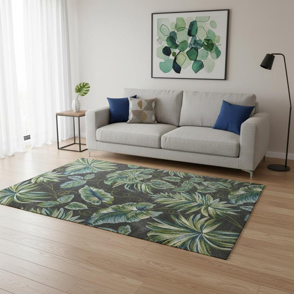 5' X 8' Gray Teal And Green Botanical Leaves Area Rug