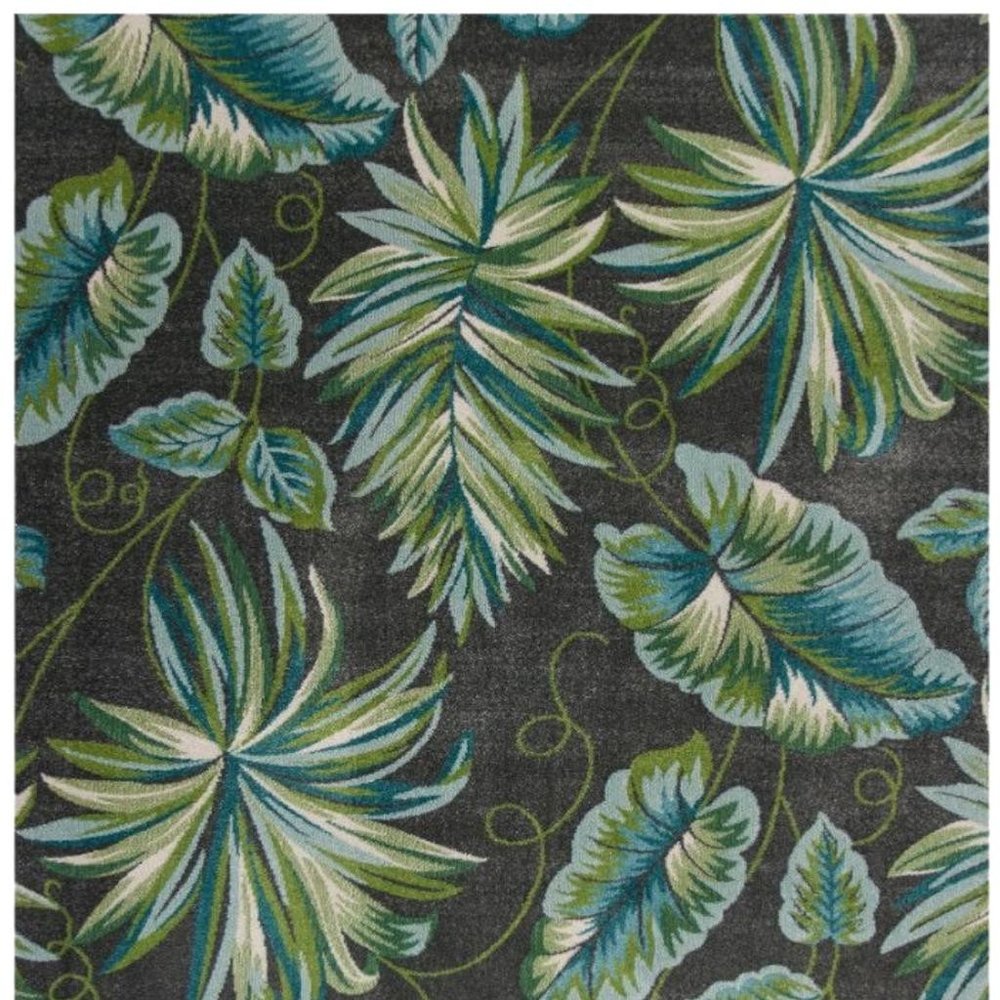 5' X 8' Gray Teal And Green Botanical Leaves Area Rug