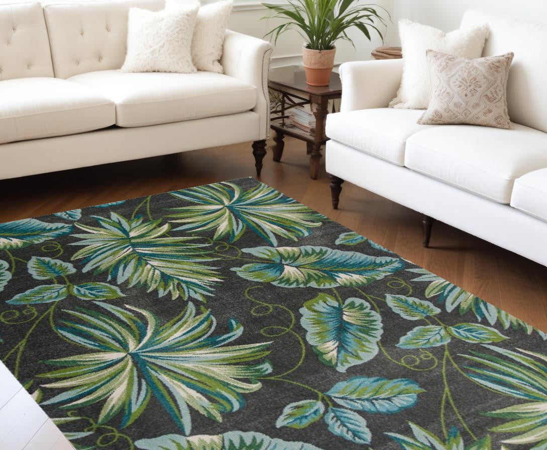 10' X 13' Grey Machine Woven Tropical Leaves Indoor Area Rug