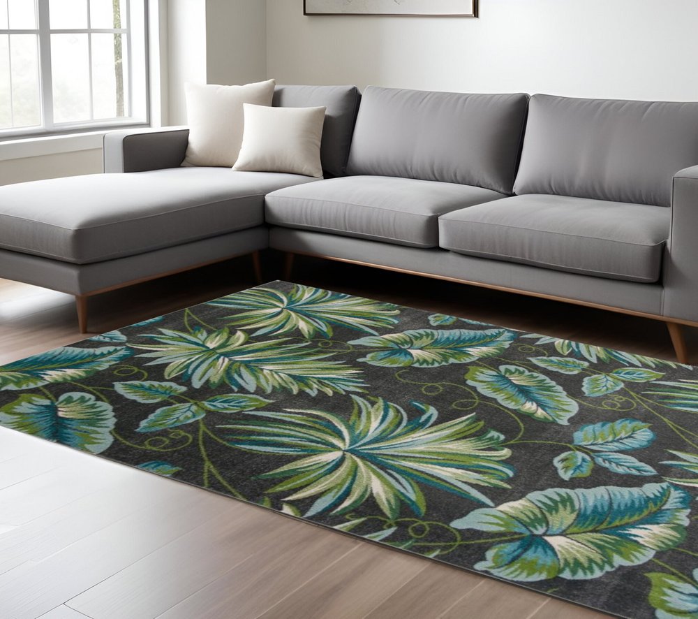 5' X 8' Gray Teal And Green Botanical Leaves Area Rug