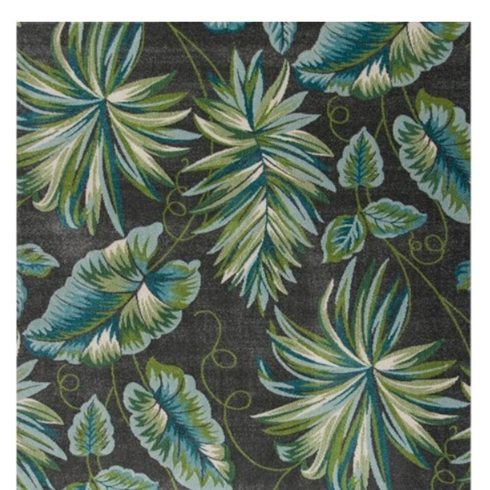 5' X 8' Gray Teal And Green Botanical Leaves Area Rug