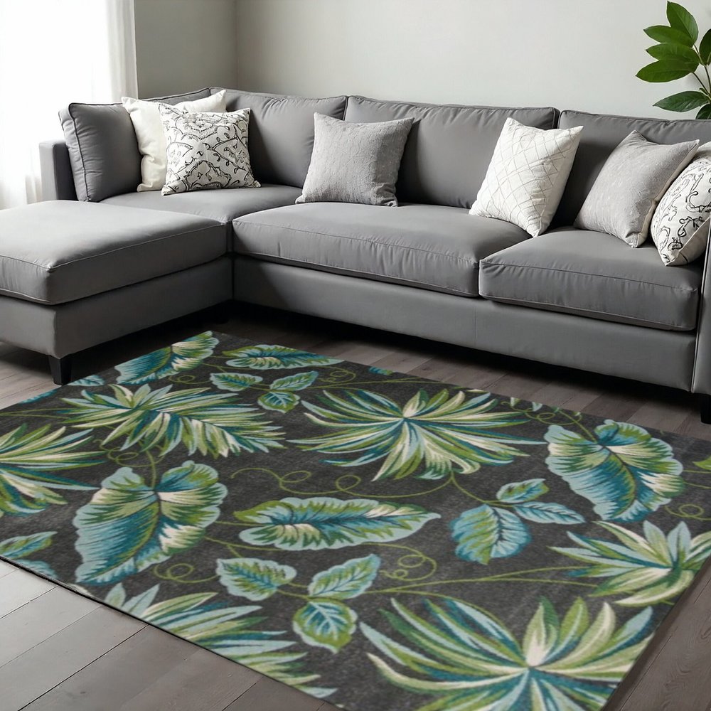 5' X 8' Gray Teal And Green Botanical Leaves Area Rug