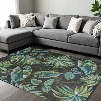 5' X 8' Gray Teal And Green Botanical Leaves Area Rug