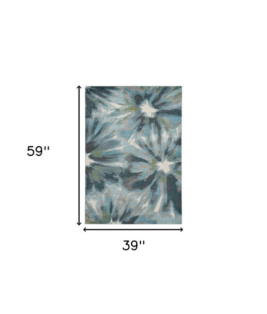3' X 5' Teal Ivory And Gray Floral Area Rug