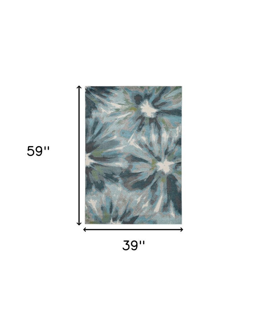 5' X 8' Teal Ivory And Gray Floral Area Rug