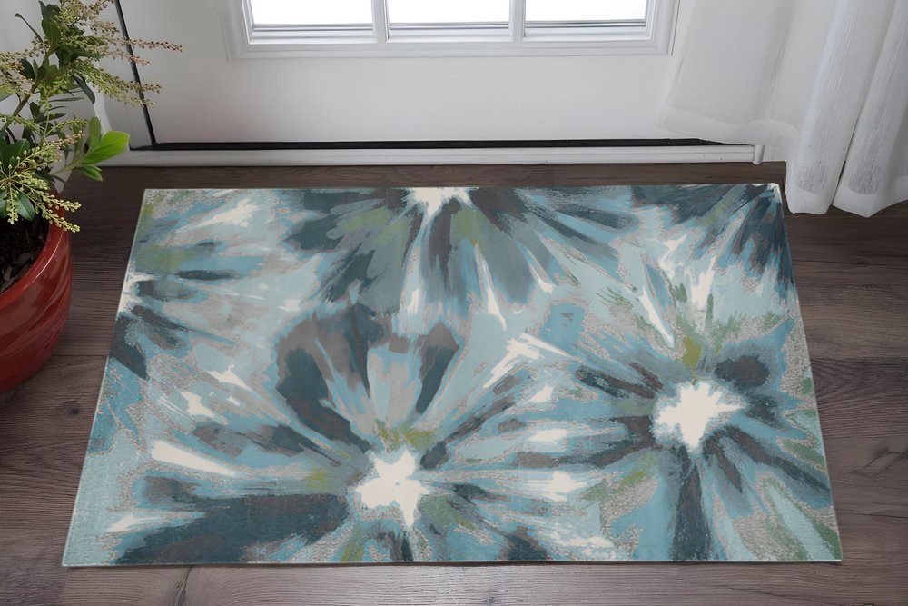 3' X 5' Teal Ivory And Gray Floral Area Rug