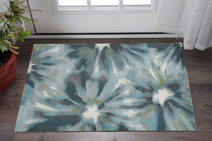 3' X 5' Teal Ivory And Gray Floral Area Rug