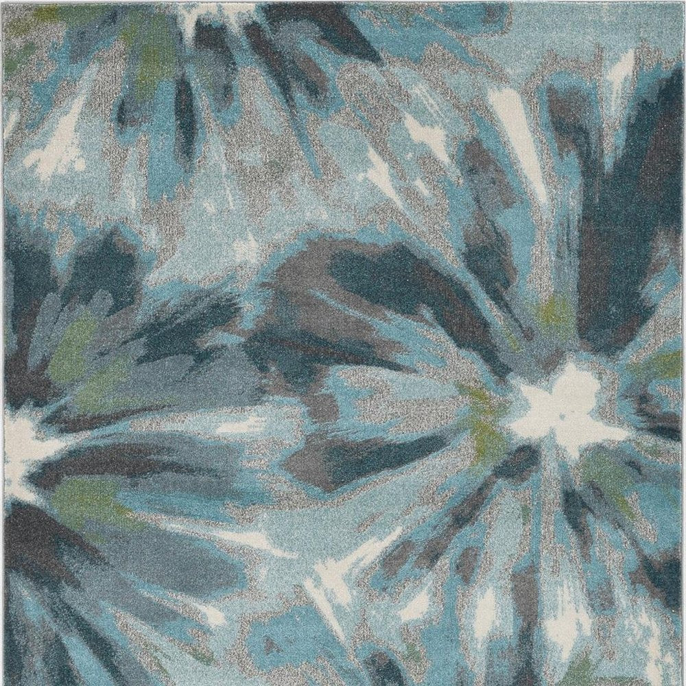 3' X 5' Teal Ivory And Gray Floral Area Rug