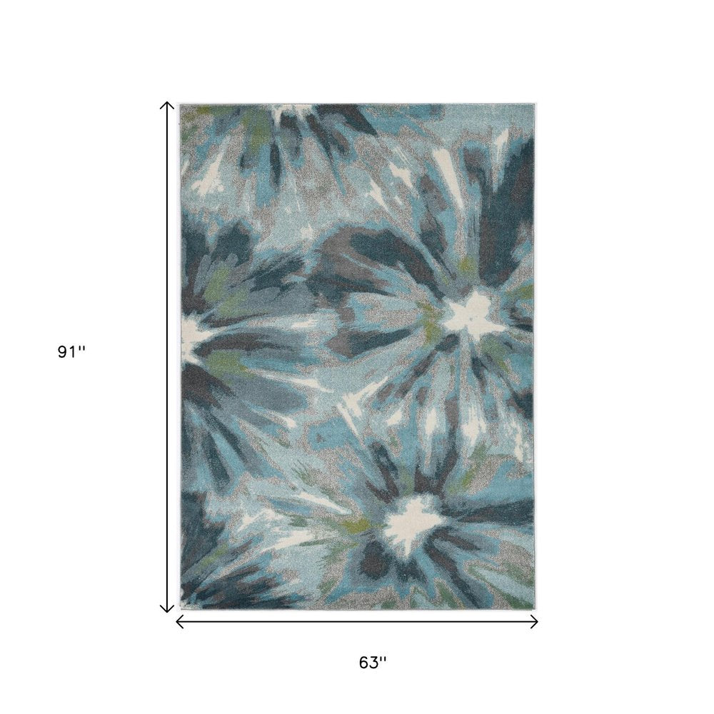 3' X 5' Teal Ivory And Gray Floral Area Rug
