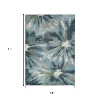 5' X 8' Teal Ivory And Gray Floral Area Rug