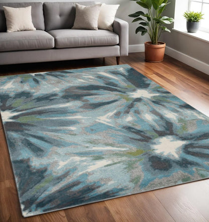 5' X 8' Teal Ivory And Gray Floral Area Rug